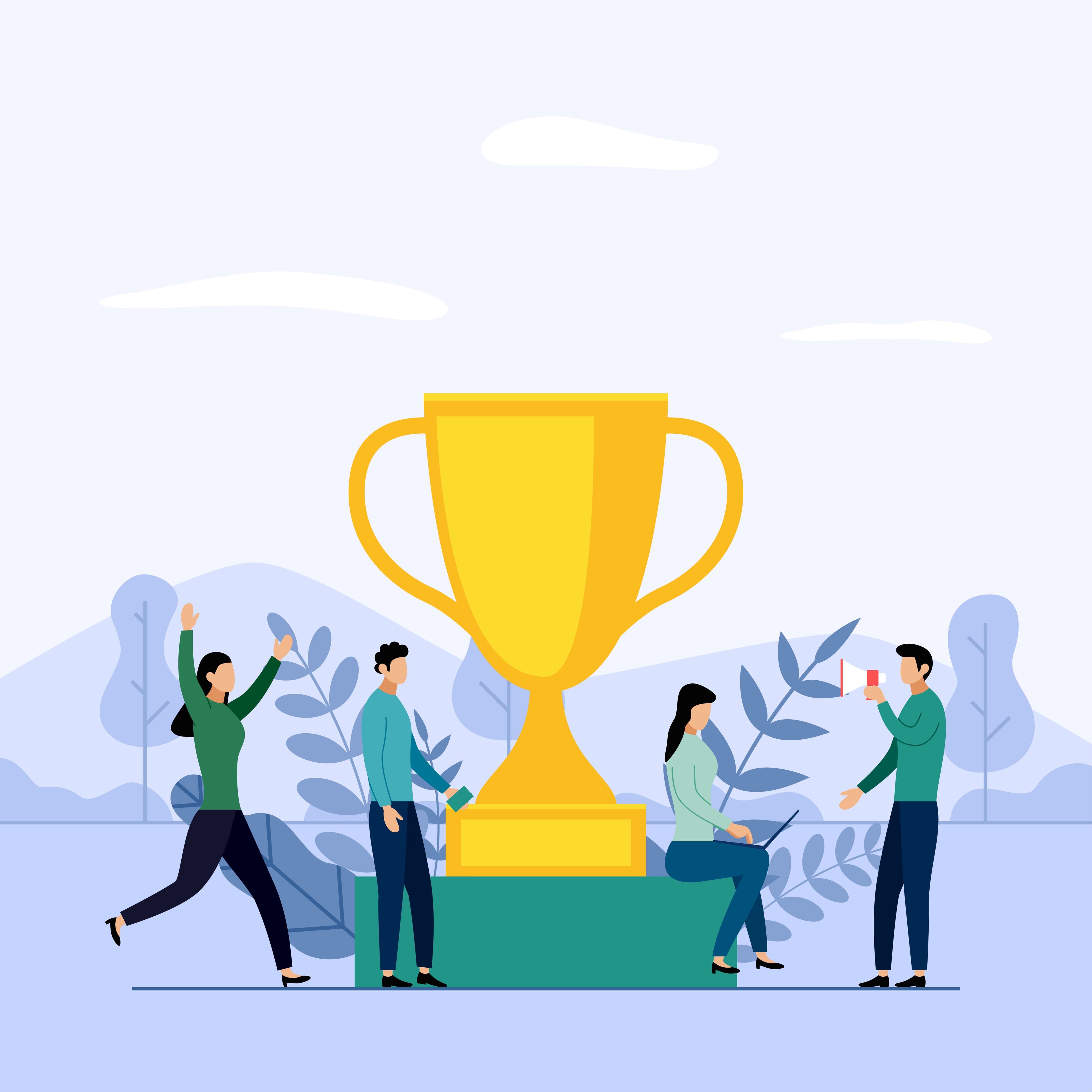 An illustration of a group of people standing around a giant trophy