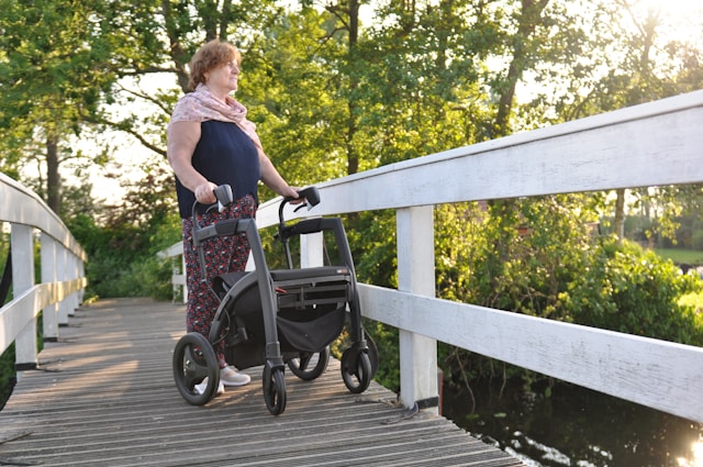 middle-aged lady crossing a bridge using a mobility chair for assistance