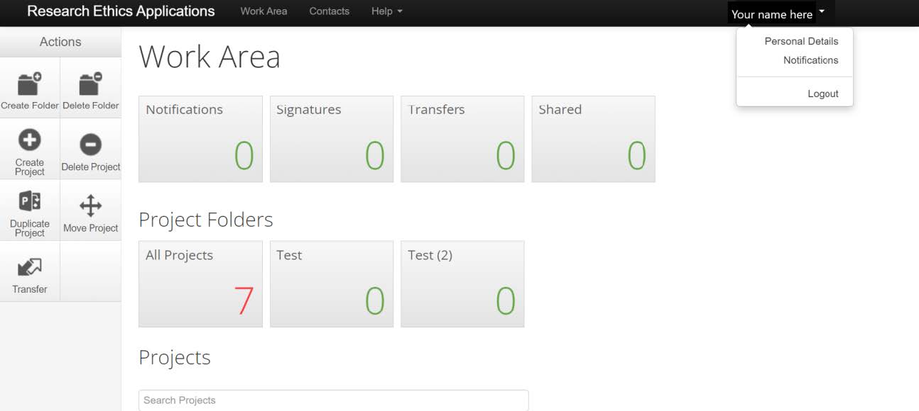 A screenshot of the REAMS home page. The top left of the page contains your name. Clicking on this will open a dropdown box which will contains the button 'personal details'.