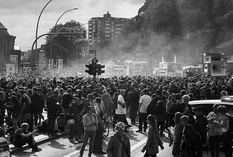 A mass of people rioting