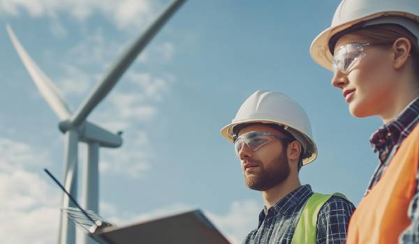 Two people standing beside a wind turbine