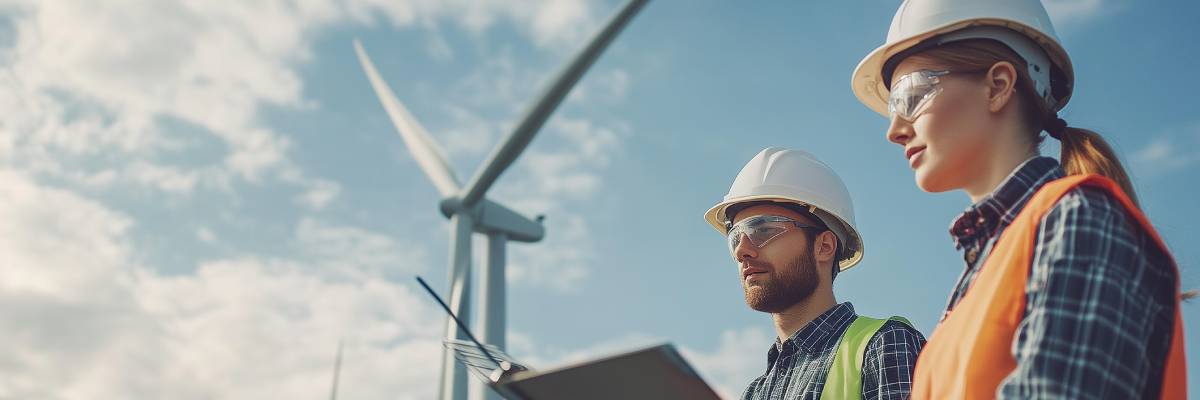 Two peoplewith hard hats on standing with a Turbine in the distance