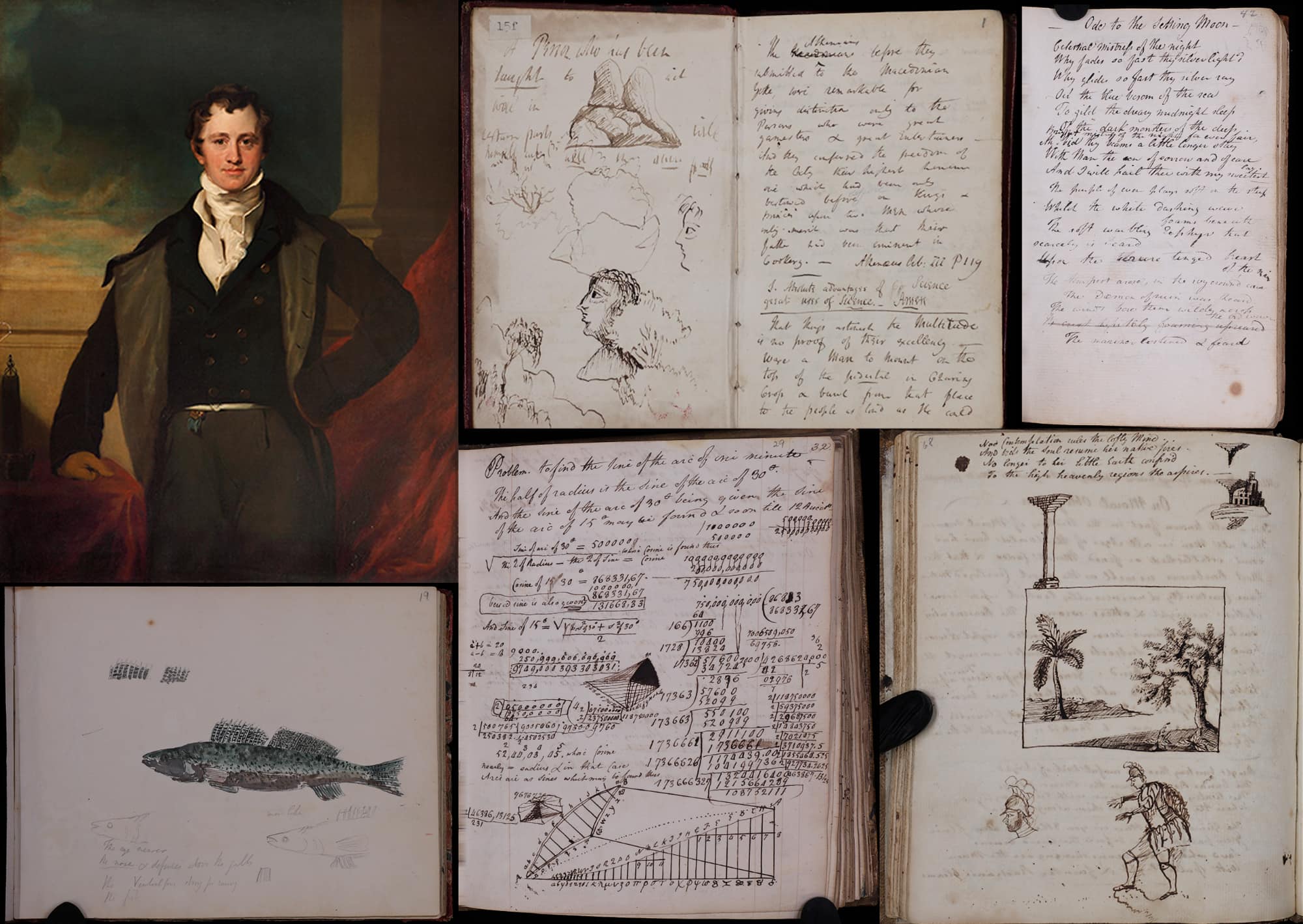 a portrait painting of humprhy davy and some of his writing