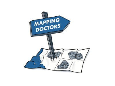 a sign pointing to doctors comes up through a map