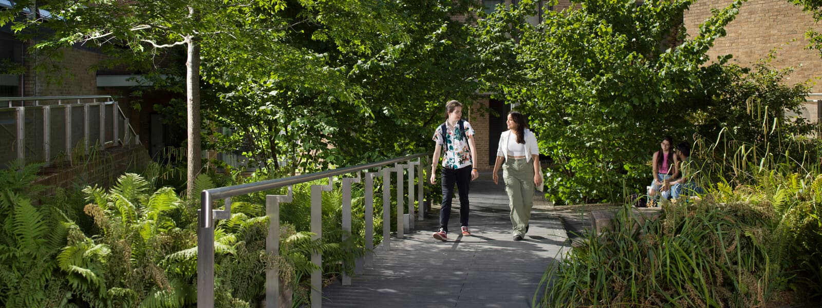 Two students walk along a shaded campus footbridge surrounded by trees and greenery, while others sit nearby on the right.