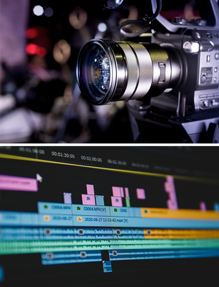 collage of a video camera and editing software.