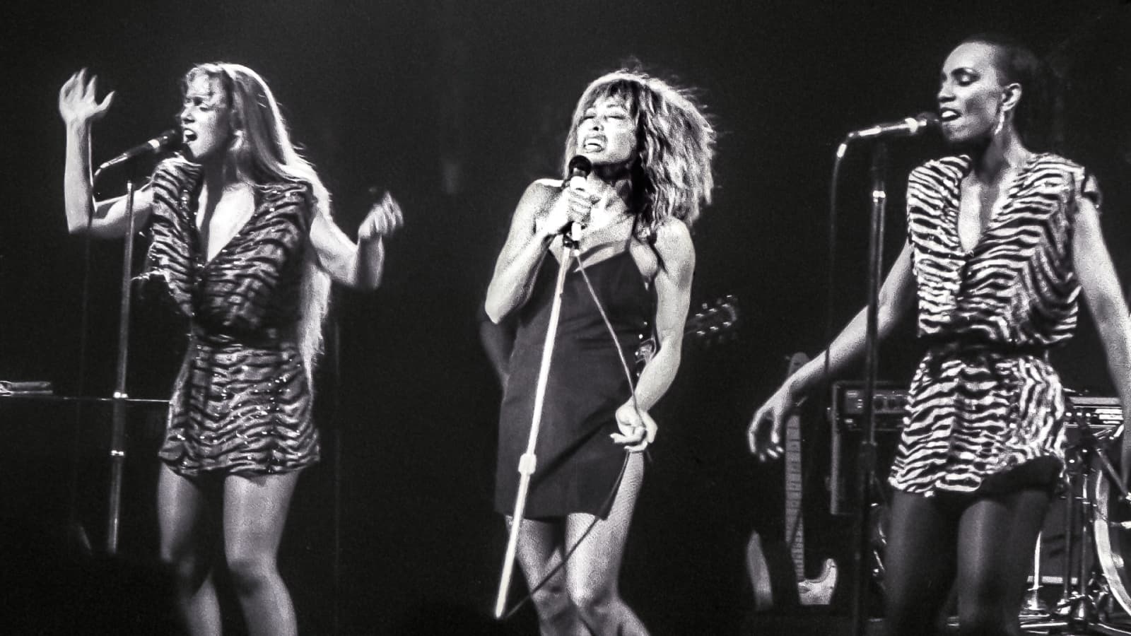 Tina Turner on stage, flanked by two backing singers.