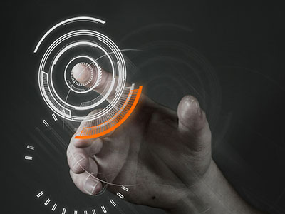 A finger presses a button a virtual interface