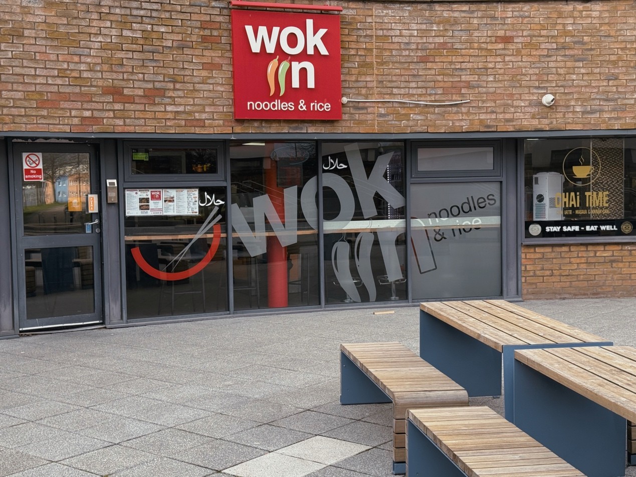 Wok Iin on campus that has Asian street food.