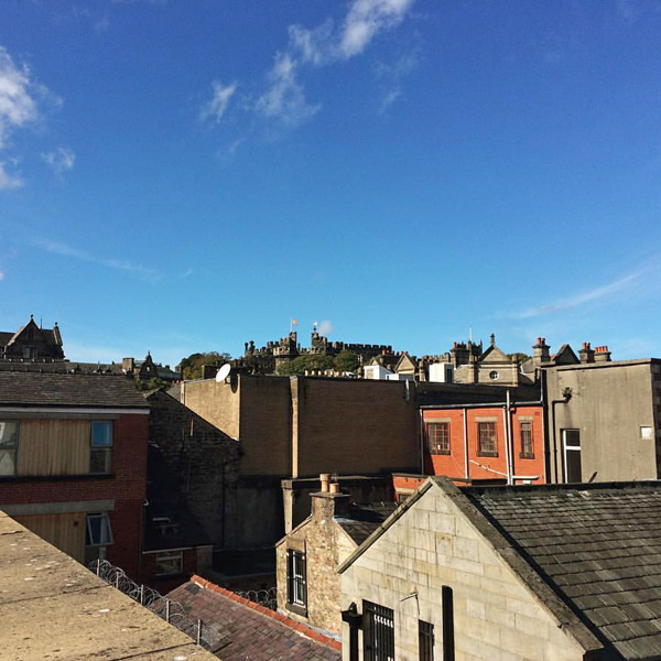 View of Lancaster castle across rooftops