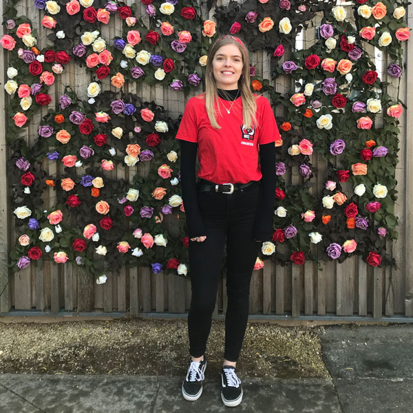 Female student wearing ar Roses t shirt