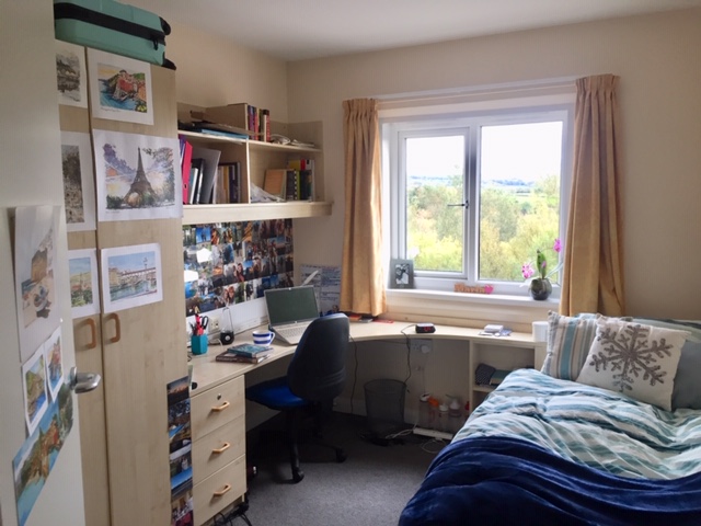 A student bedroom, a bed with bue bedcovers and multiple prints of travel destinations