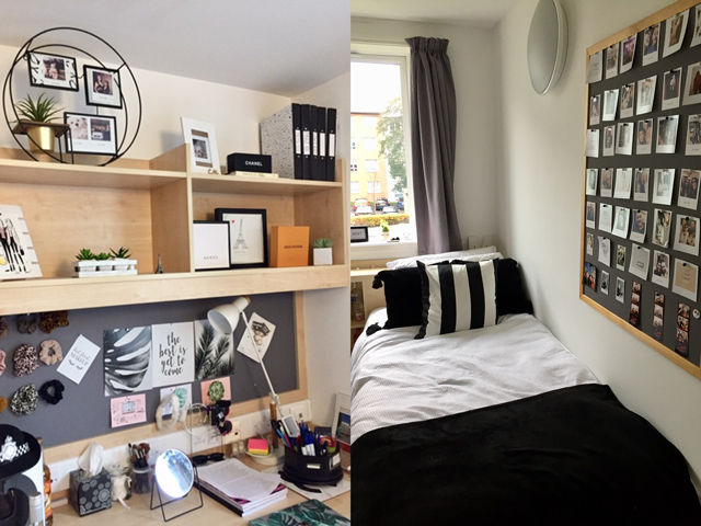 Shelves with photos and folders on and a bed with navy and white covers and a pinboard of polaroids