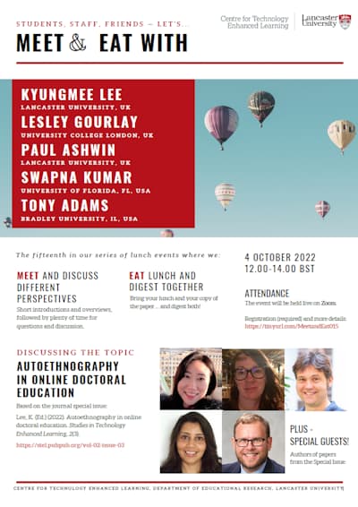 Event poster for Meet & Eat event on Autoethnography in Online Doctoral Education