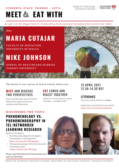 Event poster for Meet & Eat event with Dr Maria Cutajar and Dr Mike Johnson