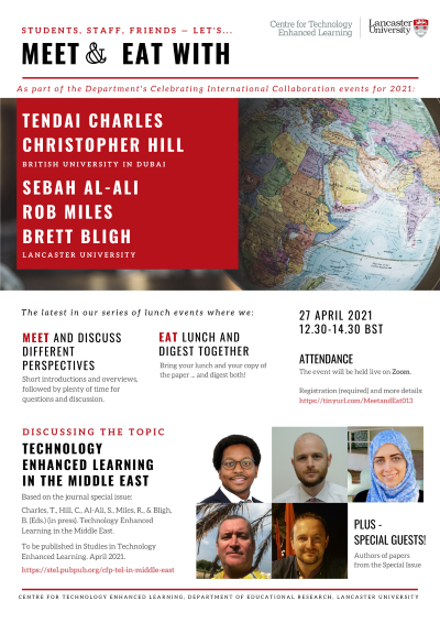 Event poster for Meet & Eat event on Special Issue: Technology enhanced learning in the MENA region