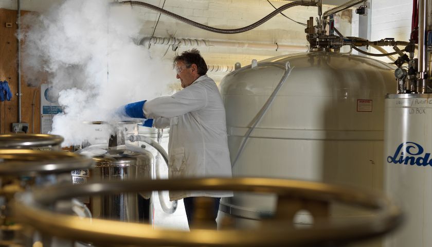 An academic refilling the helium cannisters