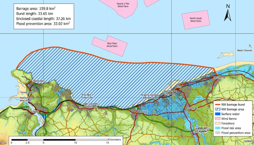 A map of the North Wales Costal Lagoon, with the region proposed for the turbines highlighted
