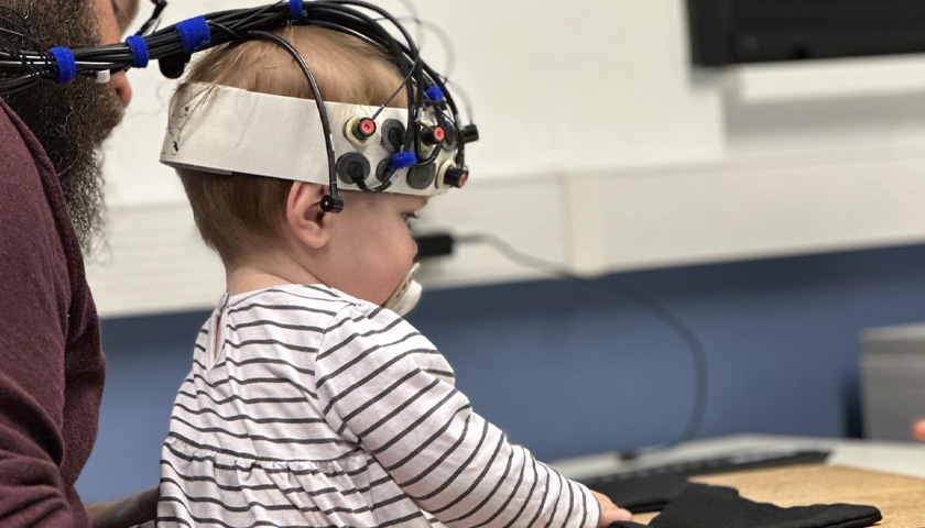 A baby with an eeg cap on