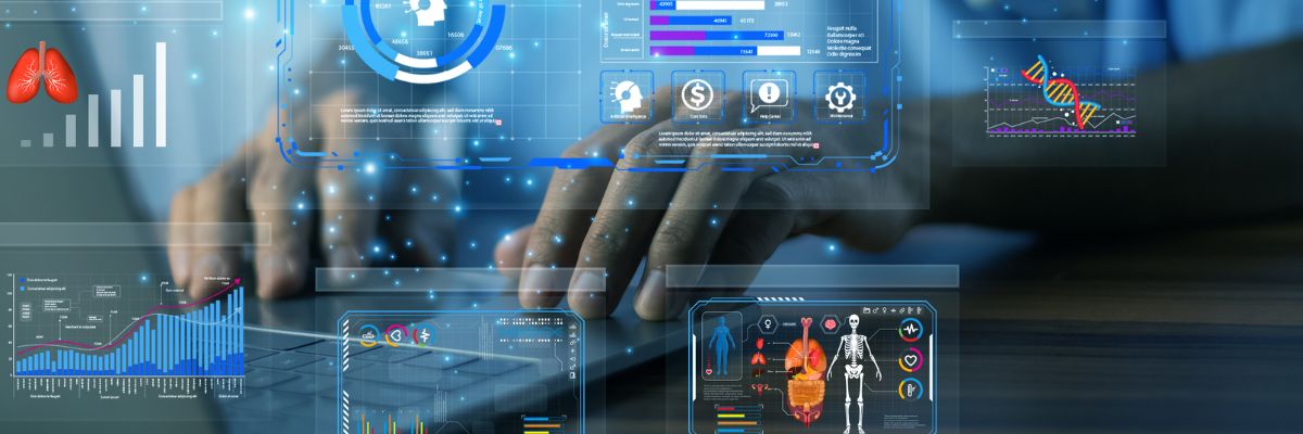 A person typing on a keyboard surrounded by medical symbols