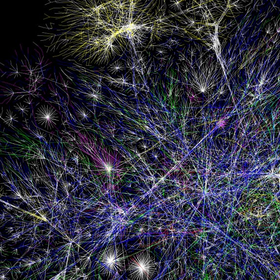 Networking, spider-like brightly coloured wires.