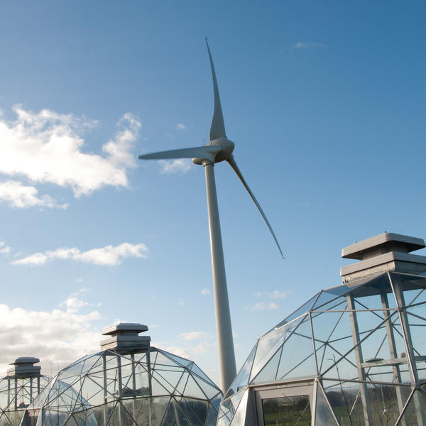 The wind turbine and greenhouses at Bailrigg Field Station