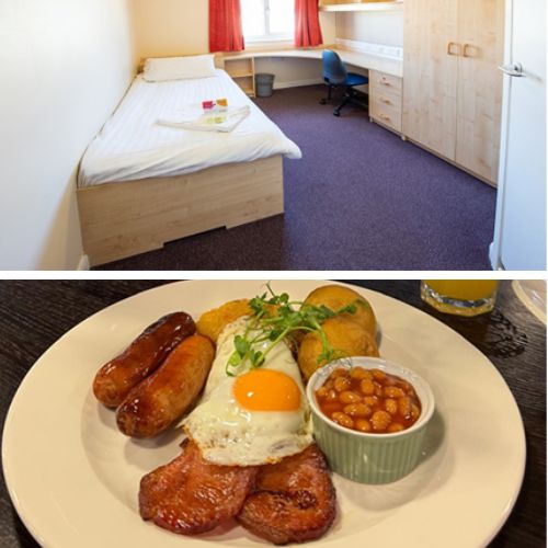 A split image showing a room containing a single bed and wardrobe, and a full English breakfast