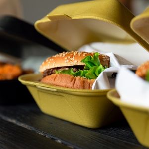 A burger in a takeaway container