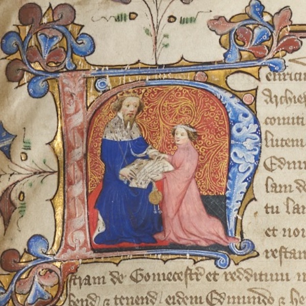 Henry III grants the honour of Lancaster to his son, depicted in the Great Cowcher.