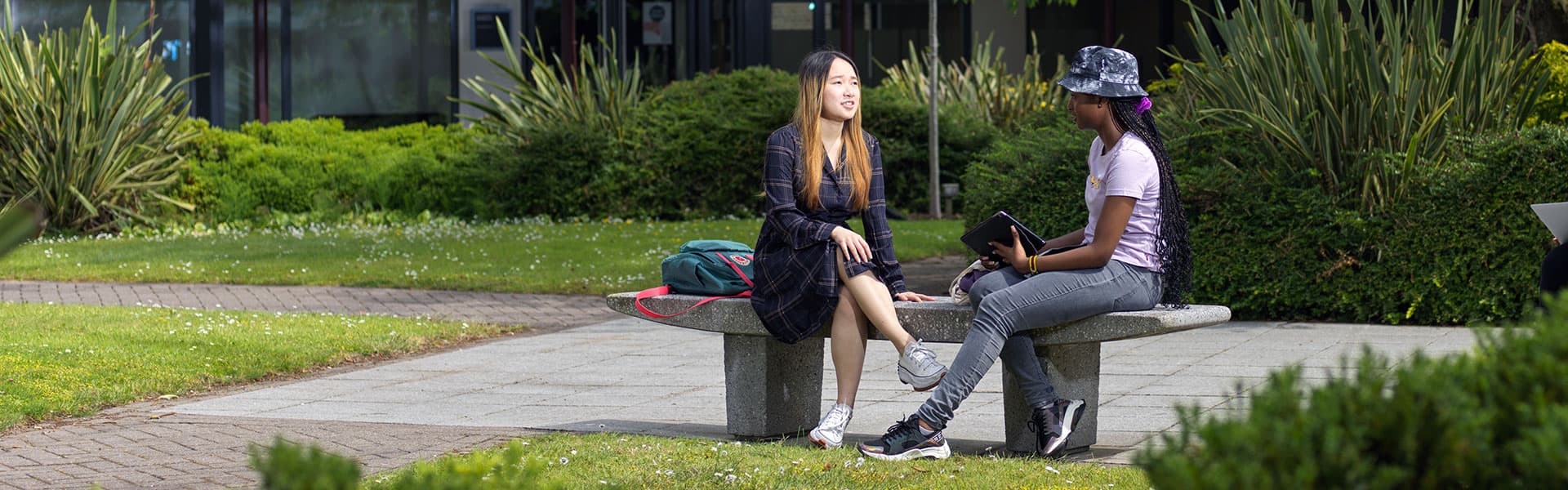 Students sitting ouside in a leafy college quad