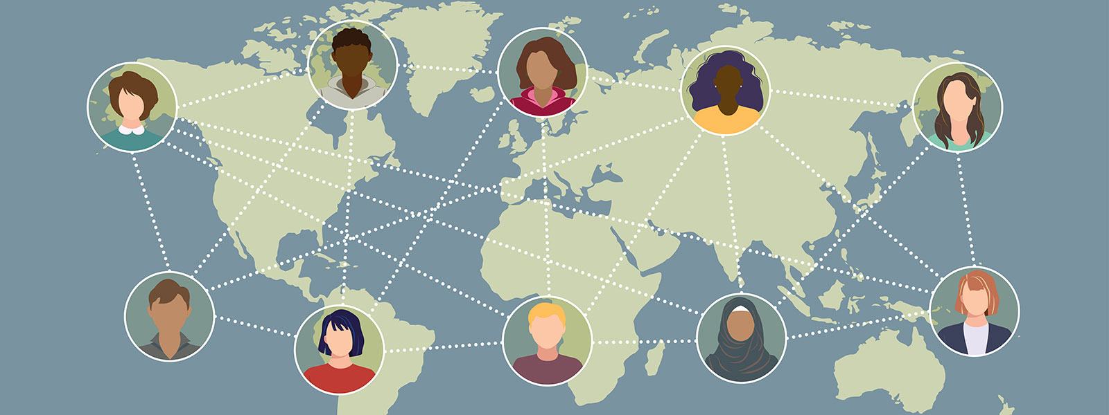 An illustration of a world map with a network of people