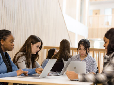 A group of students working around a table on laptops.