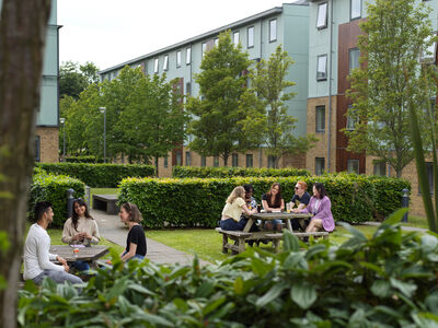 Students talking while sitting around a table outside.