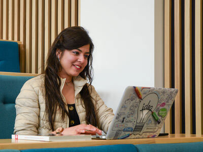 A student using a laptop.