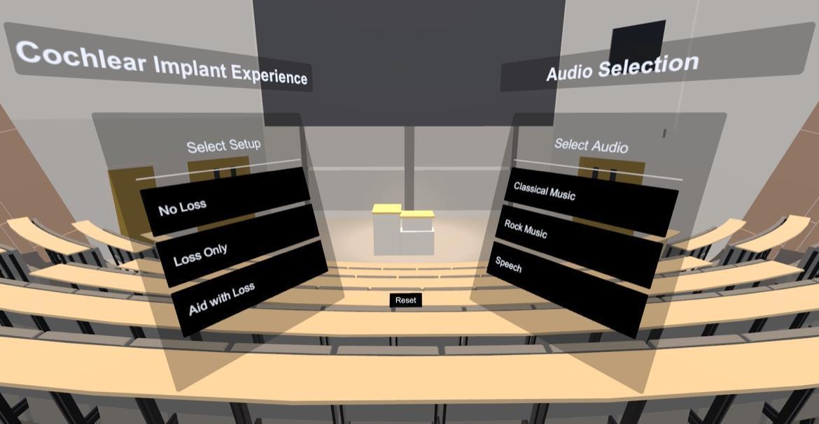 What is seen inside VR experience on understanding hearing limitations - menu page 