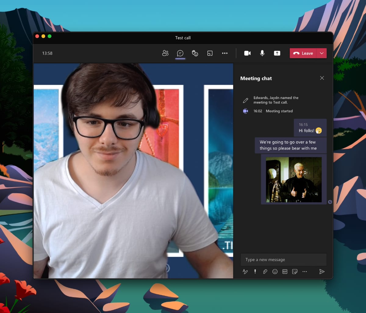 Someone on a Teams call with the chat open. There's a couple of messages (one of which has an emoji)