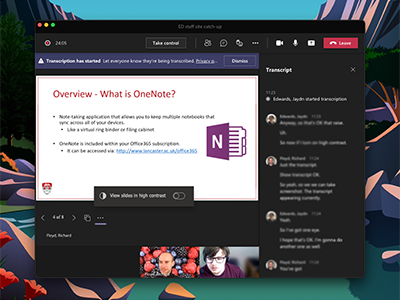 A meeting in Teams with transcription eanbled.