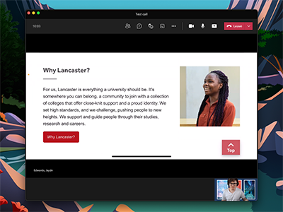 Someone in a Teams call sharing their screen. They are sharing the university website.
