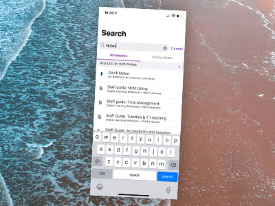 OneNote search screenshot against a beach background.