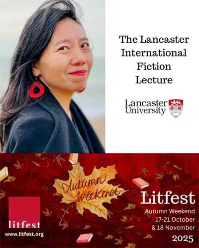 Event poster showing photo of the event poster showing Xiaolu Guo