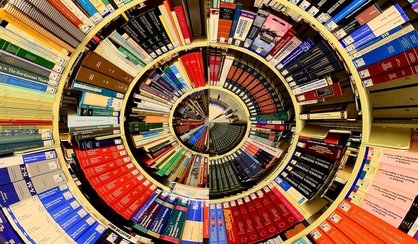 School of Law textbooks laid out in a spiral pattern