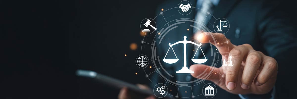 Futuristic digital law interface displaying justice scale