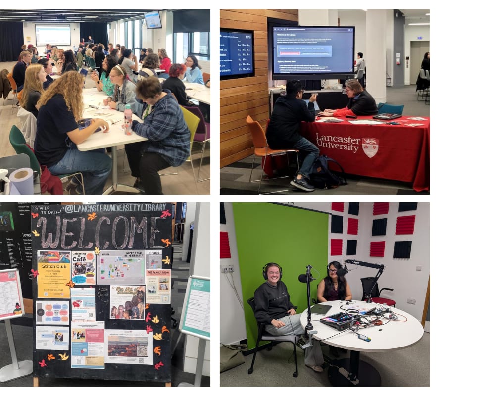 Collage of images with library blackboard, a podcast recording, library book friending event and the
