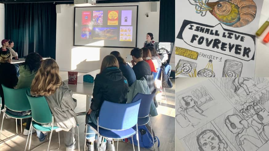 Students participating in a graphic novel workshop in the library events space