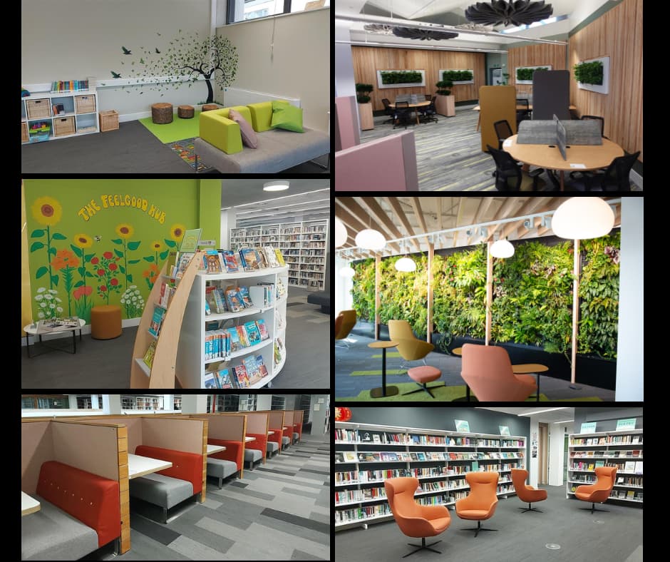 Collage of library spaces including the family room, the feelgood hub, study booths, postgrad room