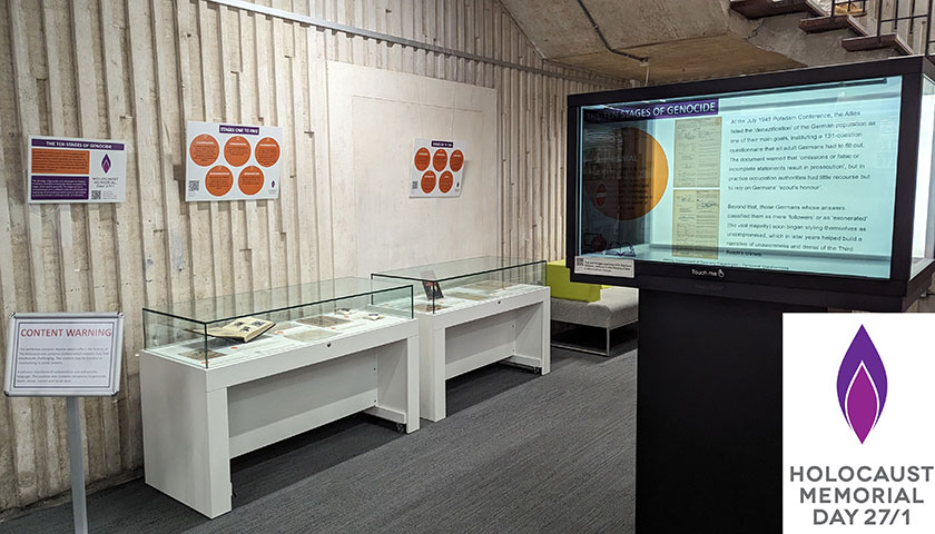 Exhibition 10 Steps to Genocide for Holocaust Memorial Day by Lancaster University Library.
