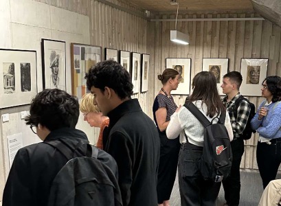 Library visitors viewing the Open Call exhibition