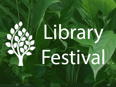 Library festival logo with leaves in the background