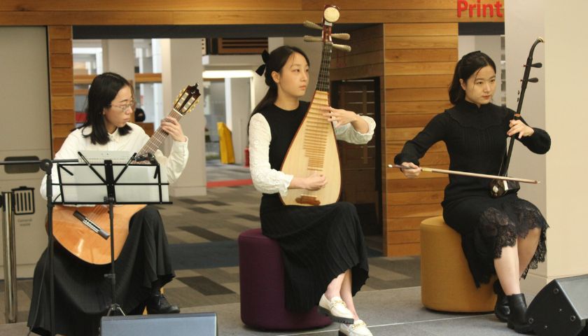 A traditional Chinese musical performance in the library