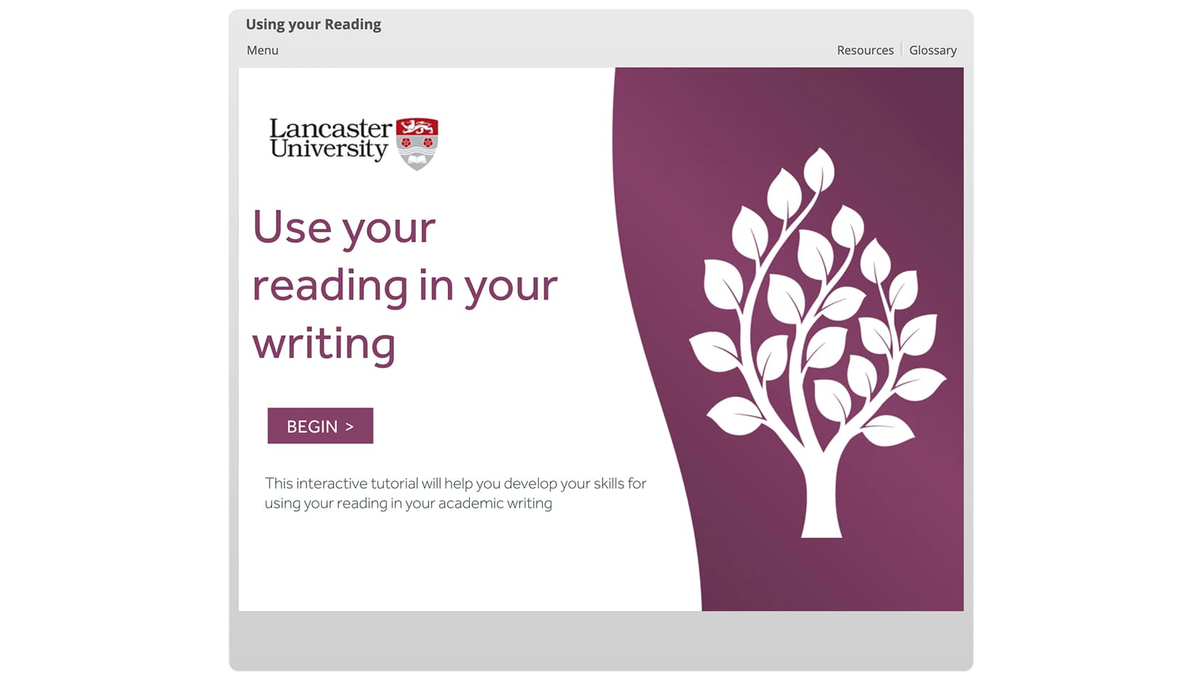 Title page for the "Use your reading in your writing" interactive tutorial.